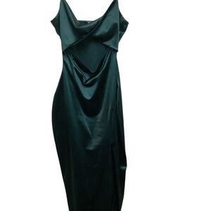 Emerald Green Satin Cowl Neck Midi Dress